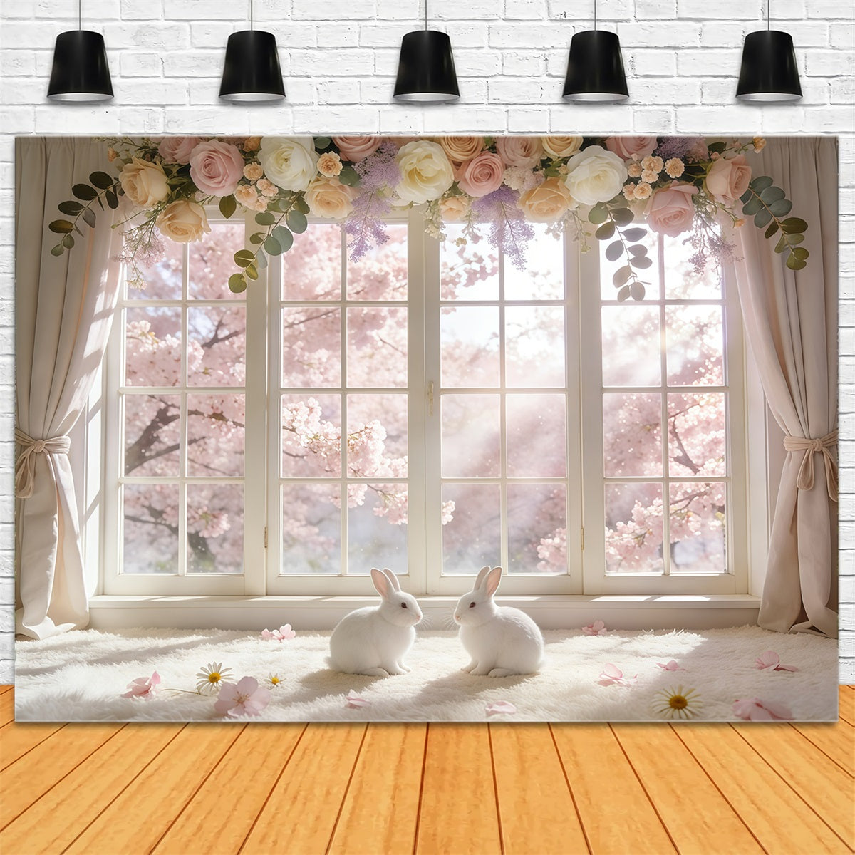 Toile de fond Pâques Couronne Fleurs Lapin GQ61-67