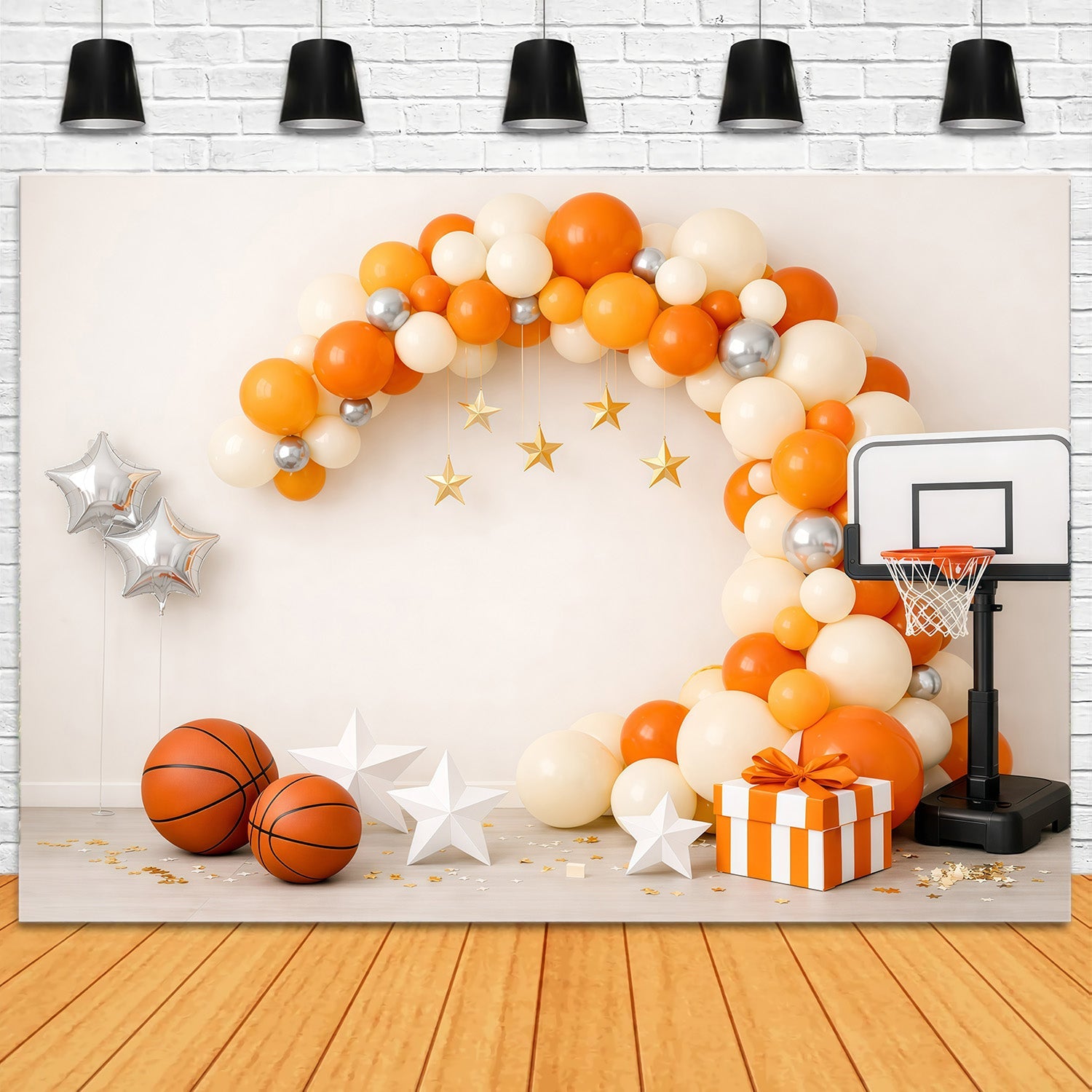 Fond Studio Photo Sport Basketball Arche Ballons Orange Boîte Cadeau GQ61-70