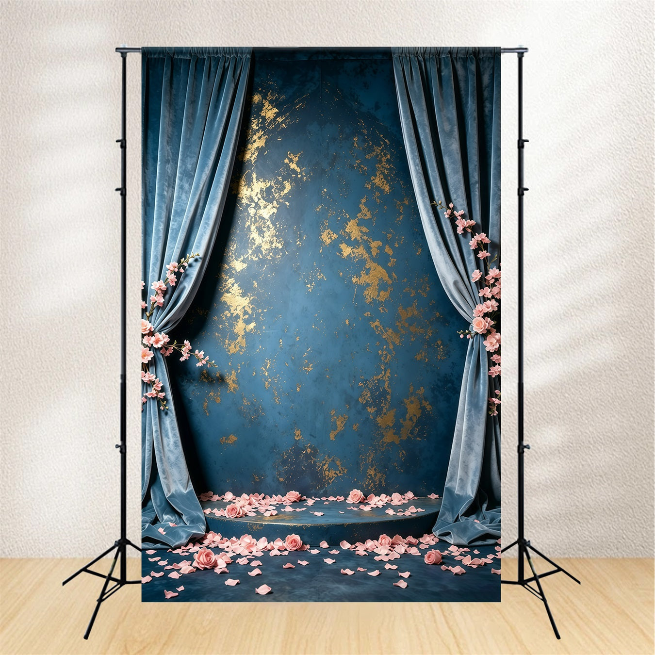 Fond Bleu et Or Mur Velours Roses Mouchetées Abstrait GQ64-37
