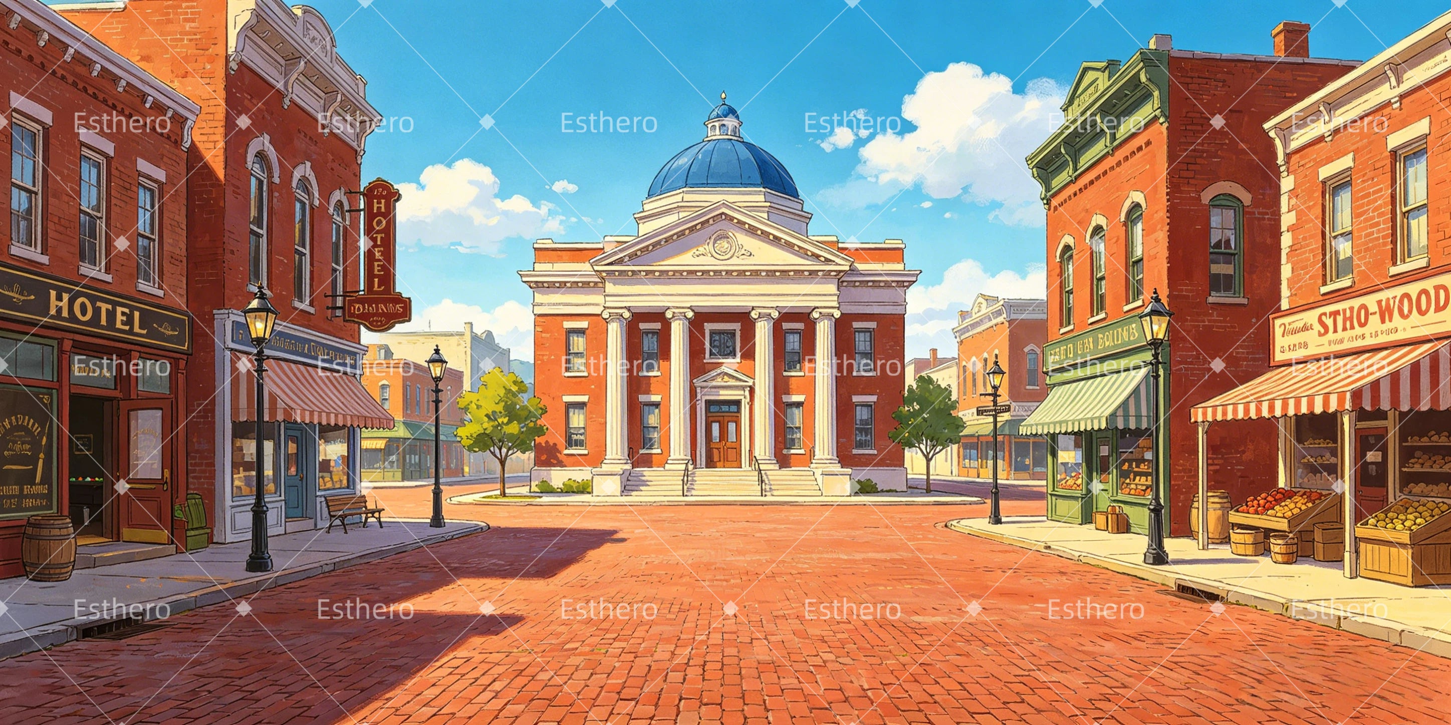 Toile de fond place de ville américaine décor pour pièce de théâtre GQ65-T29