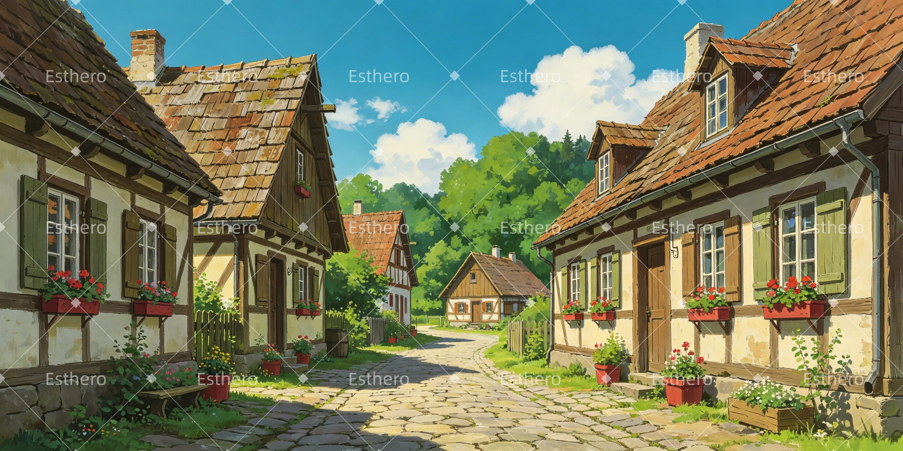 Toile de fond de village rural décor de scène théâtrale GQ65-T83