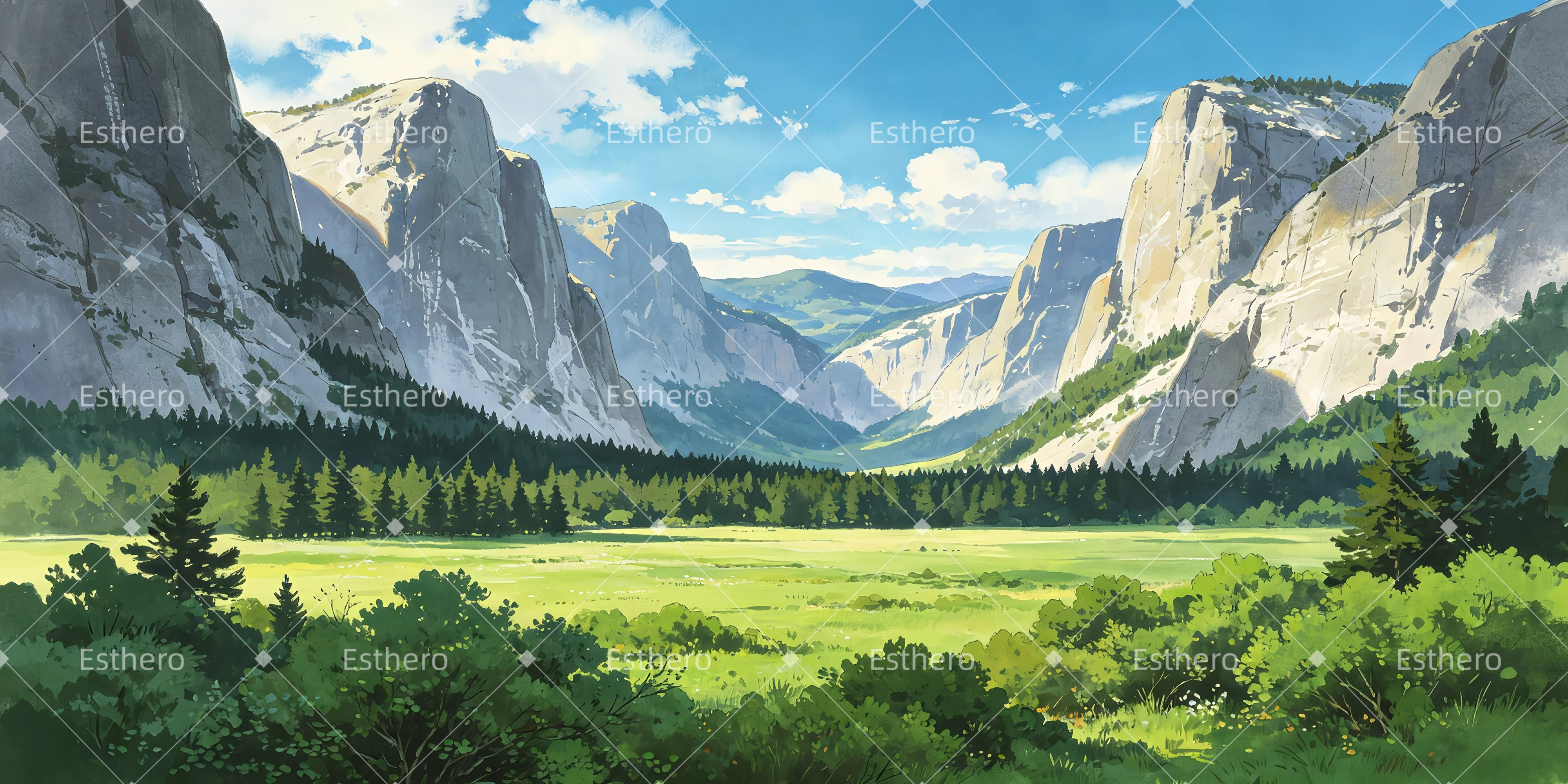 Décor de vallée boisée toile de fond panoramique pour théâtre GQ65-T96