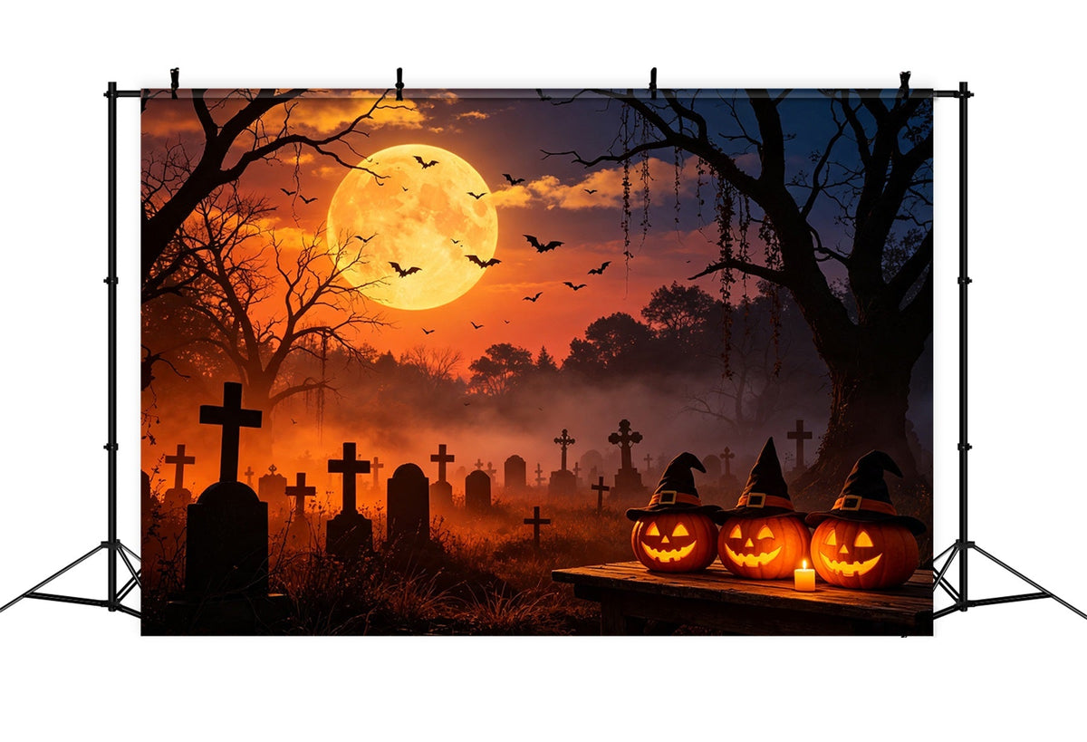 Décor De Grotte Aux Chauves-SourisCoucher De Soleil Sorcière Citrouille Cimetière Photos D'Halloween GQ67-105