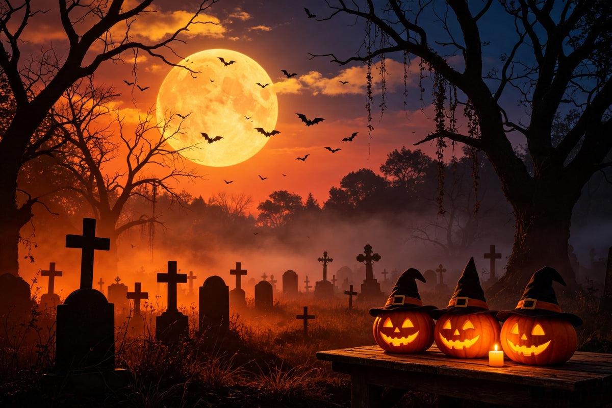 Décor De Grotte Aux Chauves-SourisCoucher De Soleil Sorcière Citrouille Cimetière Photos D'Halloween GQ67-105