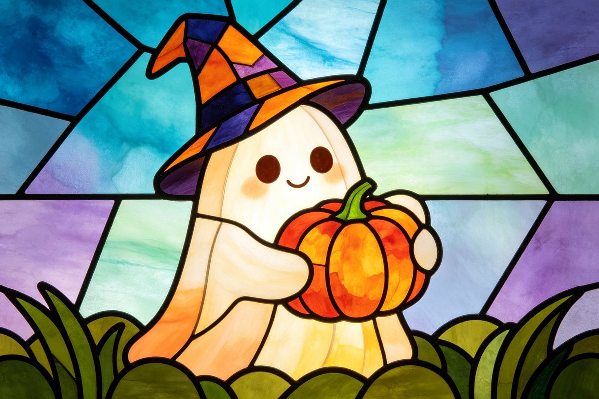 Tapisserie En Vitrail Avec Fantôme Sorcière Mignonne Et Citrouille Idéale Pour Les Selfies D'Halloween GQ67-112