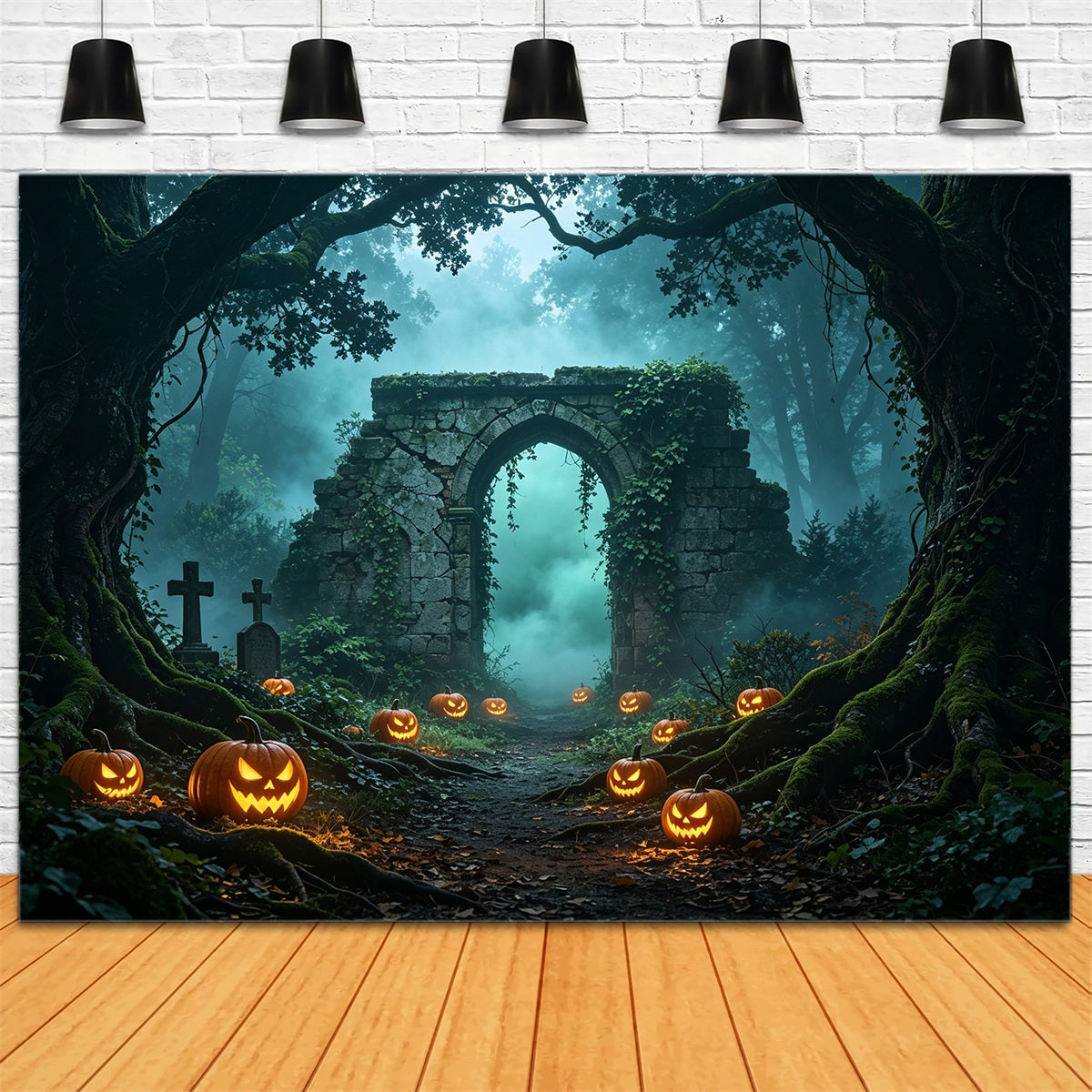 Décor De Forêt D'Halloween Chemin De Ruines De Citrouilles Brumeuses Toiles Murales D'Halloween GQ67-88
