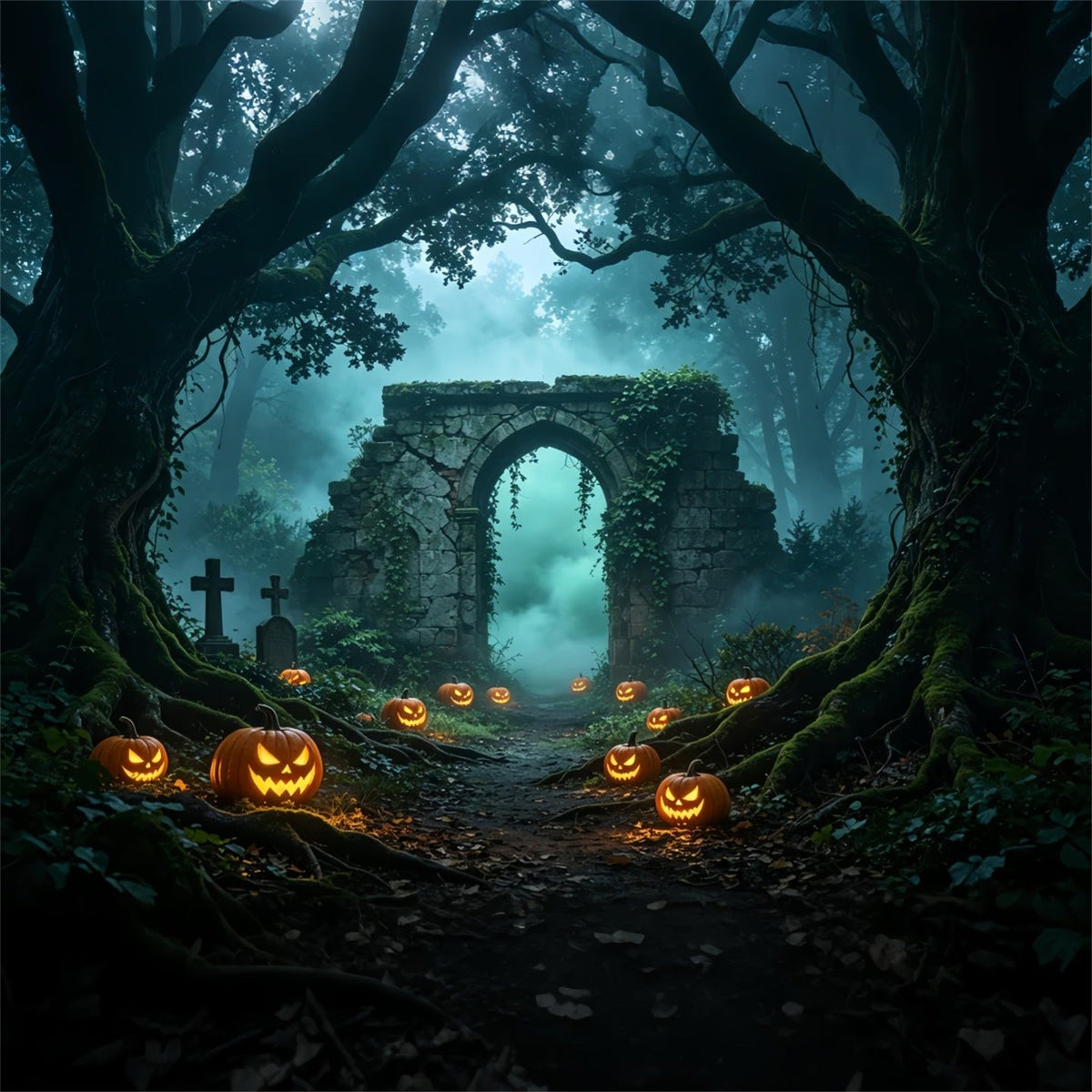 Décor De Forêt D'Halloween Chemin De Ruines De Citrouilles Brumeuses Toiles Murales D'Halloween GQ67-88
