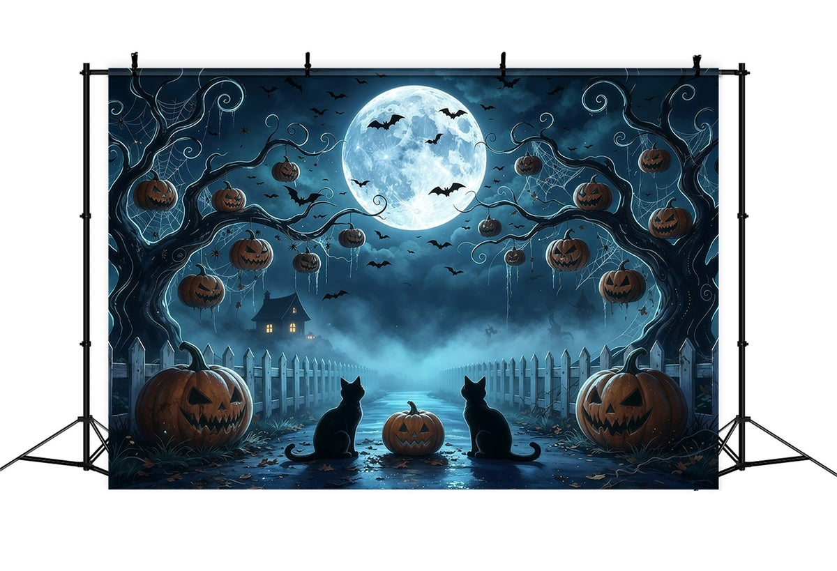 Décor D'Halloween Arbre Effrayant Chat Au Clair De Lune Et Chemin De Citrouilles GQ67-91