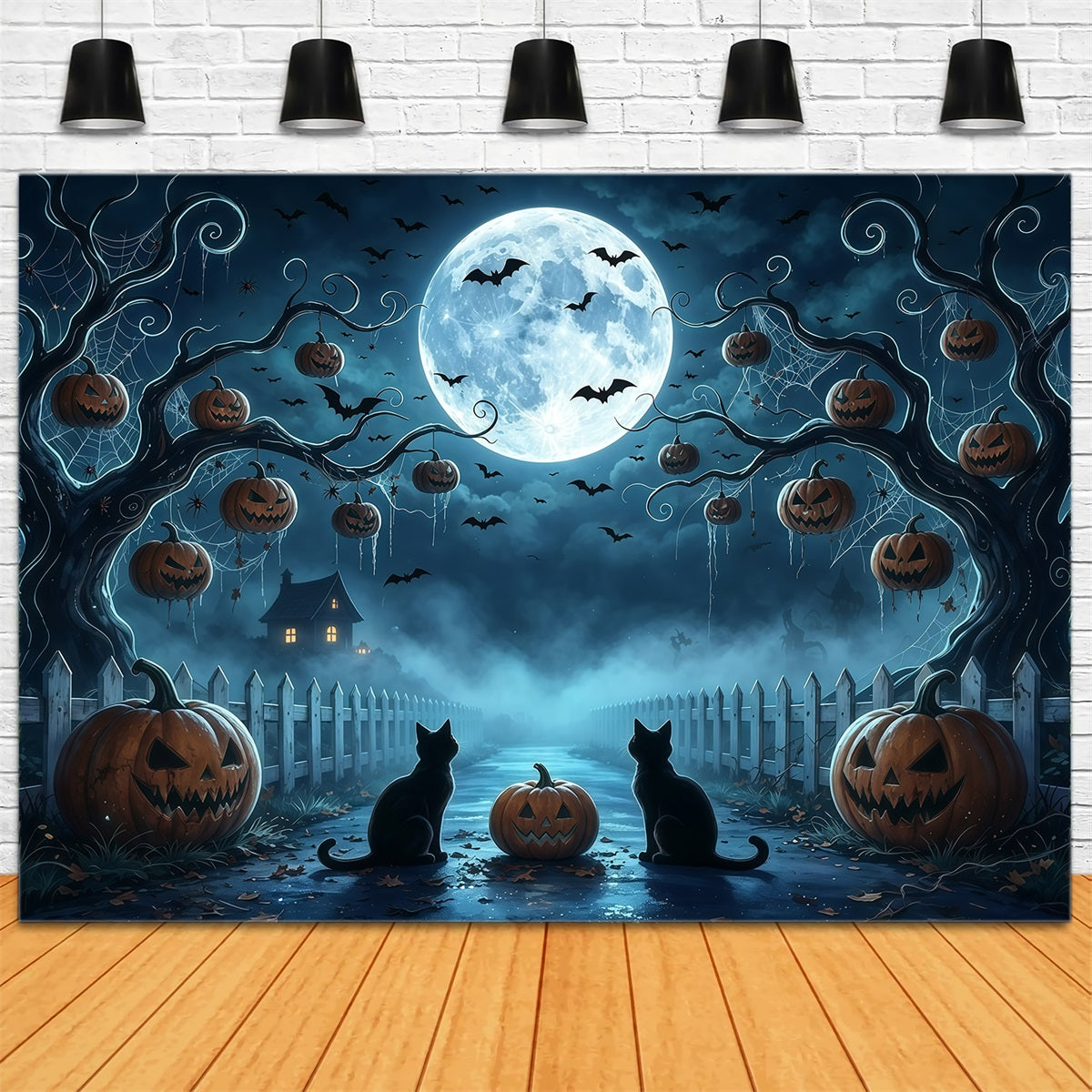 Décor D'Halloween Arbre Effrayant Chat Au Clair De Lune Et Chemin De Citrouilles GQ67-91