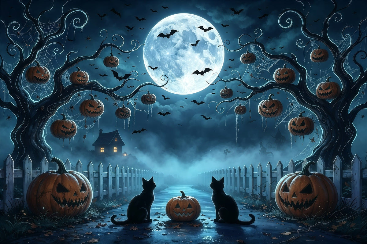 Décor D'Halloween Arbre Effrayant Chat Au Clair De Lune Et Chemin De Citrouilles GQ67-91