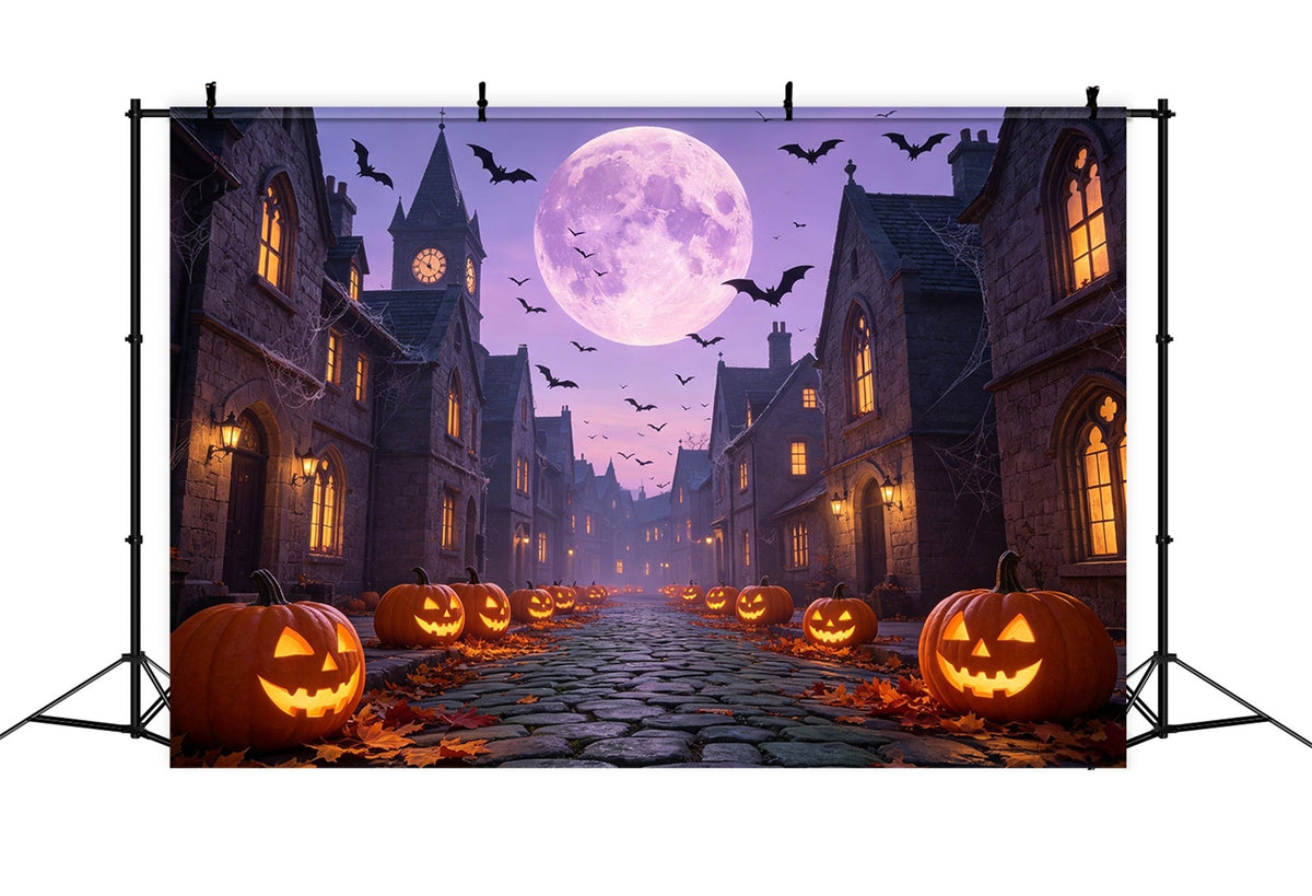 Décor De Chauves-Souris Citrouilles Violettes Au Clair De Lune Rue Pour Halloween GQ67-97