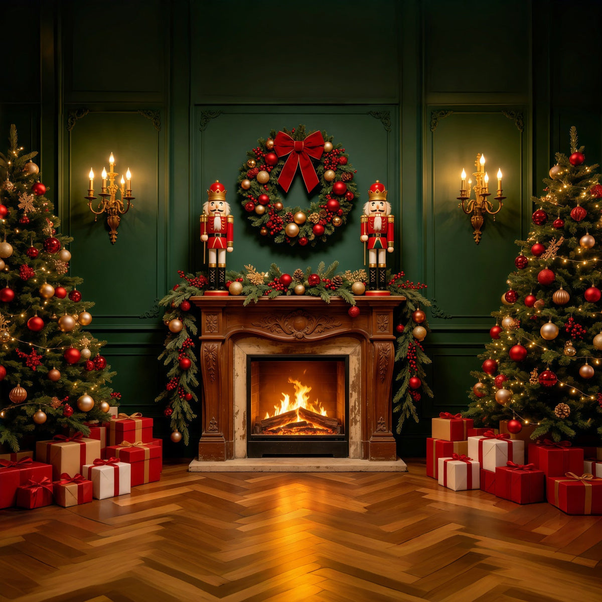 Décors De Cheminée De Noël Casse-Noisette Mural Rétro Vert Décors Photographiques De Noël GQ68-122
