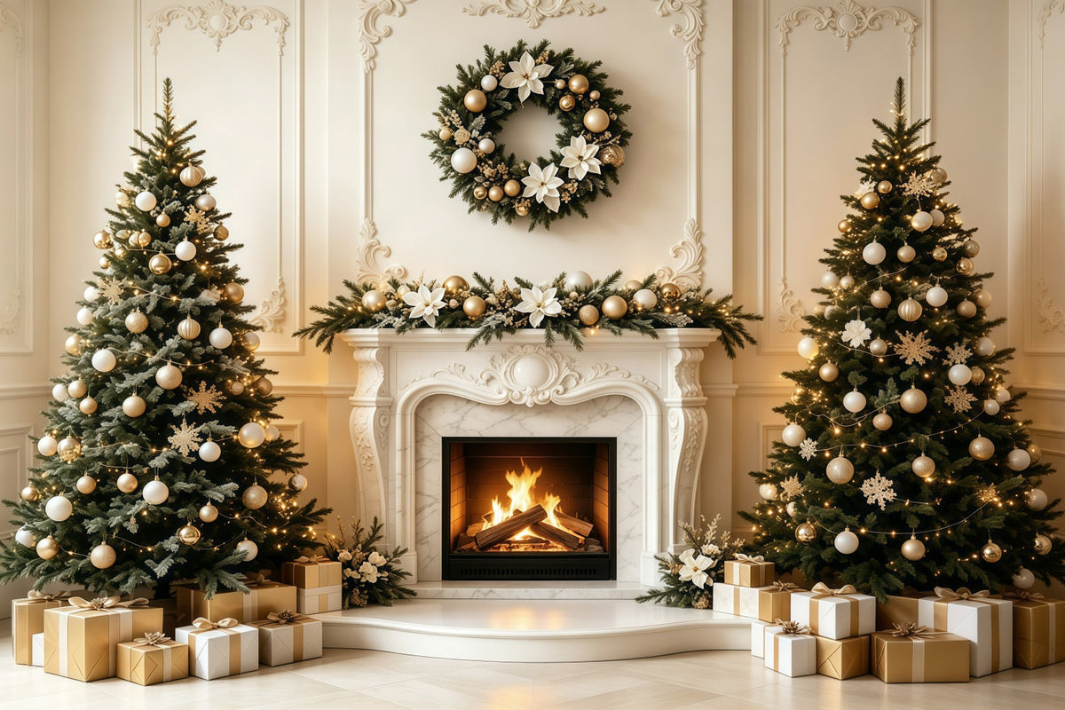 Décor De Noël Pour Salon Cheminée Élégante Fond Photographique De Noël GQ68-134