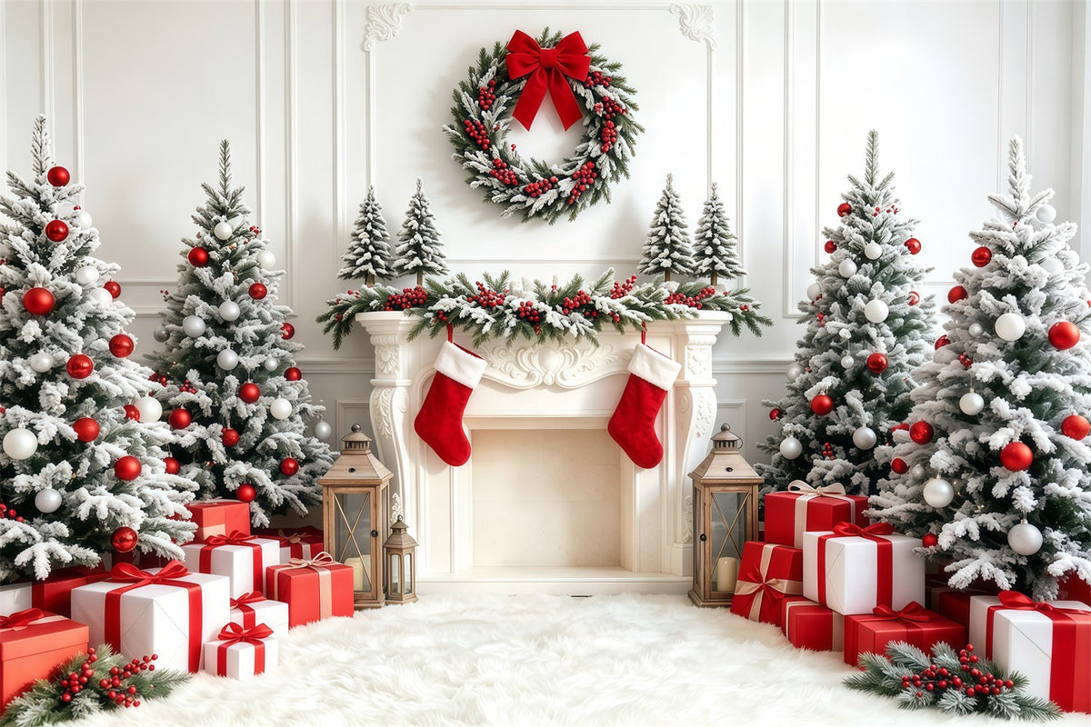 Fond De Sapin De Noël Cheminée De Bas Blancs Et Rouges Décors De Noël Pour Studio GQ68-67
