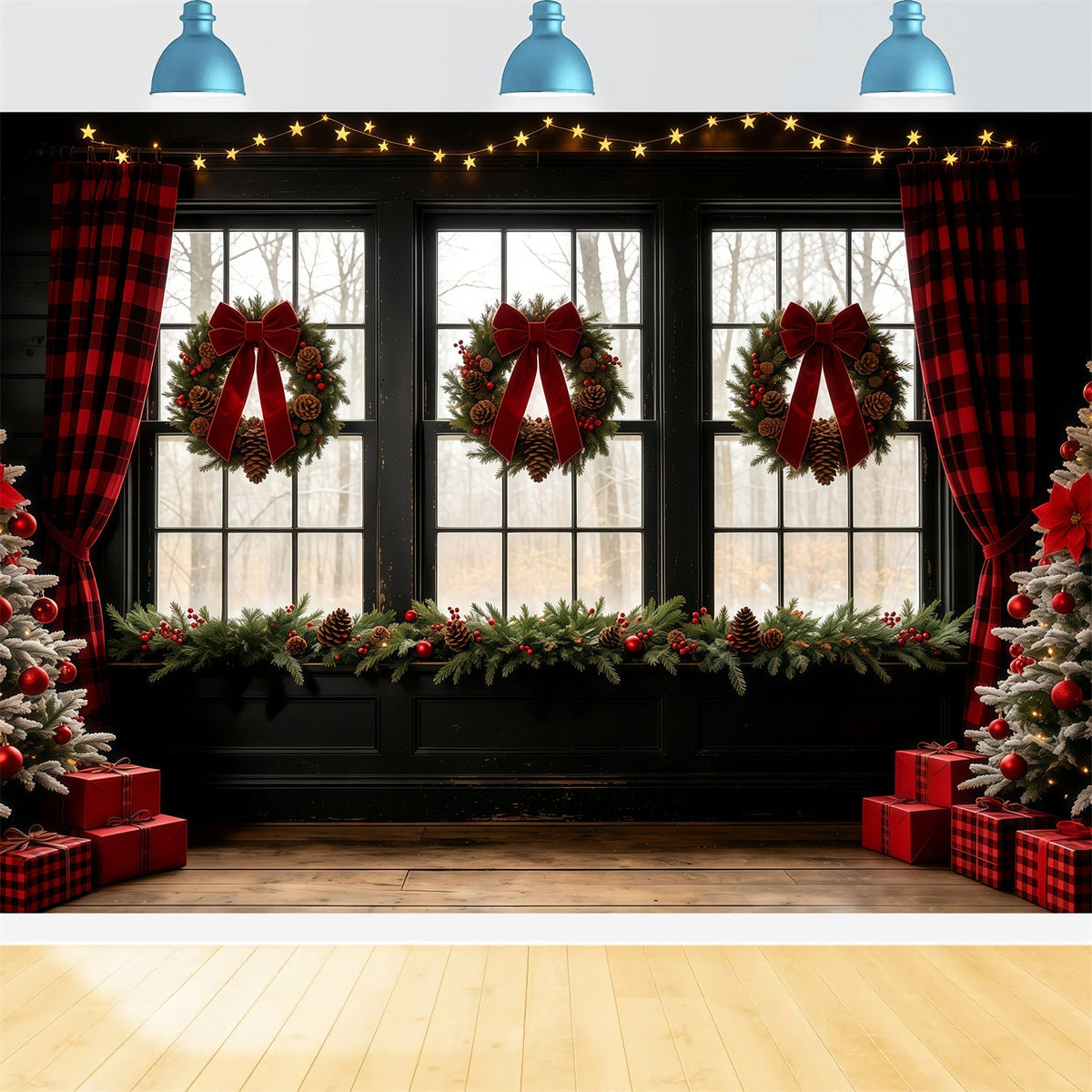 Décor De Vitrine De Noël Rideau Rustique À Nœud Papillon Fond Mural De Noël GQ68-68