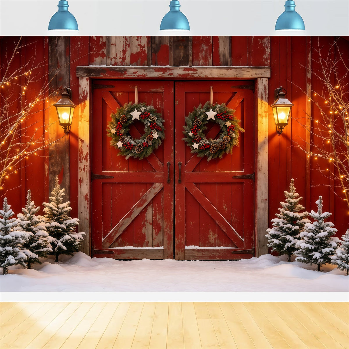 Décor De Noël De Porte De Grange Lanterne De Porte Rouge Rustique Fond En Mousseline De Noël GQ68-69