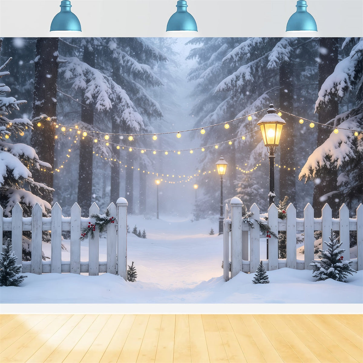 Décor De Noël D'Hiver Chemin Lumineux De La Forêt Enneigée Fond De Noël En Mousseline GQ68-74