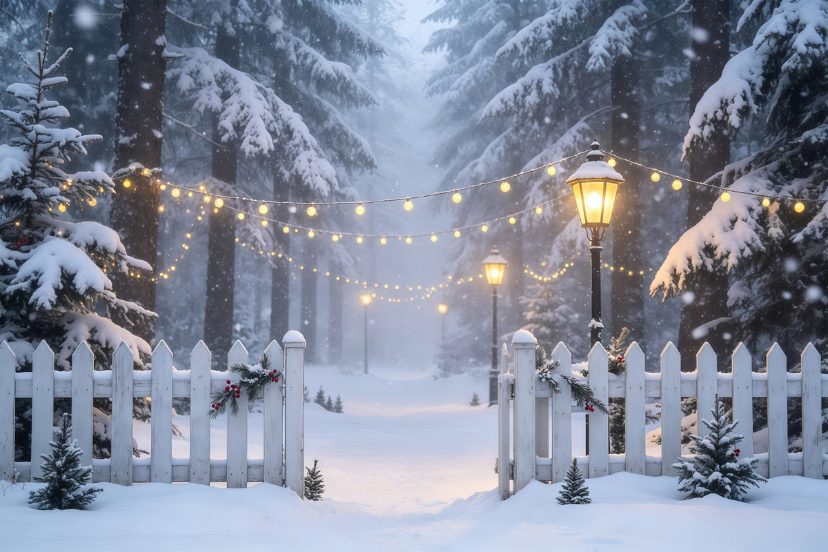Décor De Noël D'Hiver Chemin Lumineux De La Forêt Enneigée Fond De Noël En Mousseline GQ68-74