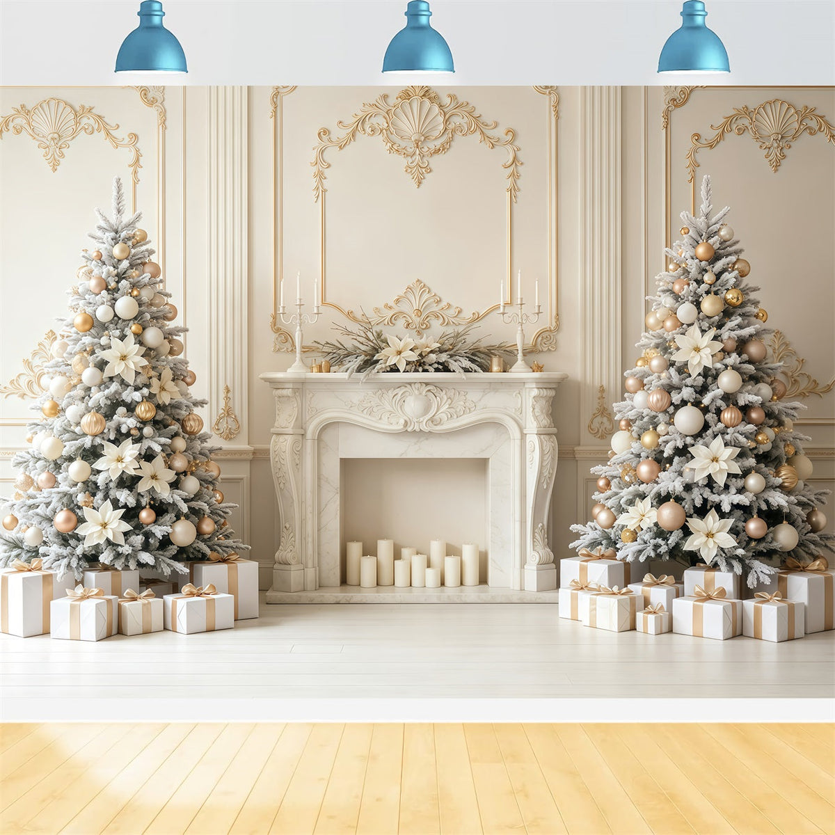 Décor Mural De Noël Élégance De La Cheminée Ivoire Et Or Décor De Noël GQ68-78