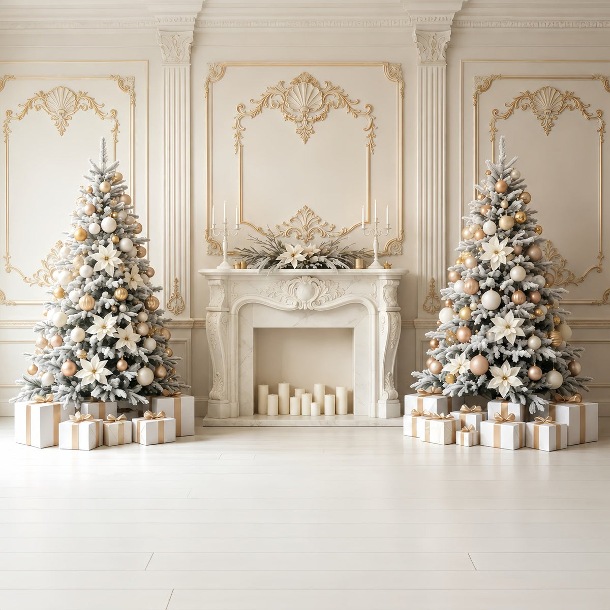 Décor Mural De Noël Élégance De La Cheminée Ivoire Et Or Décor De Noël GQ68-78