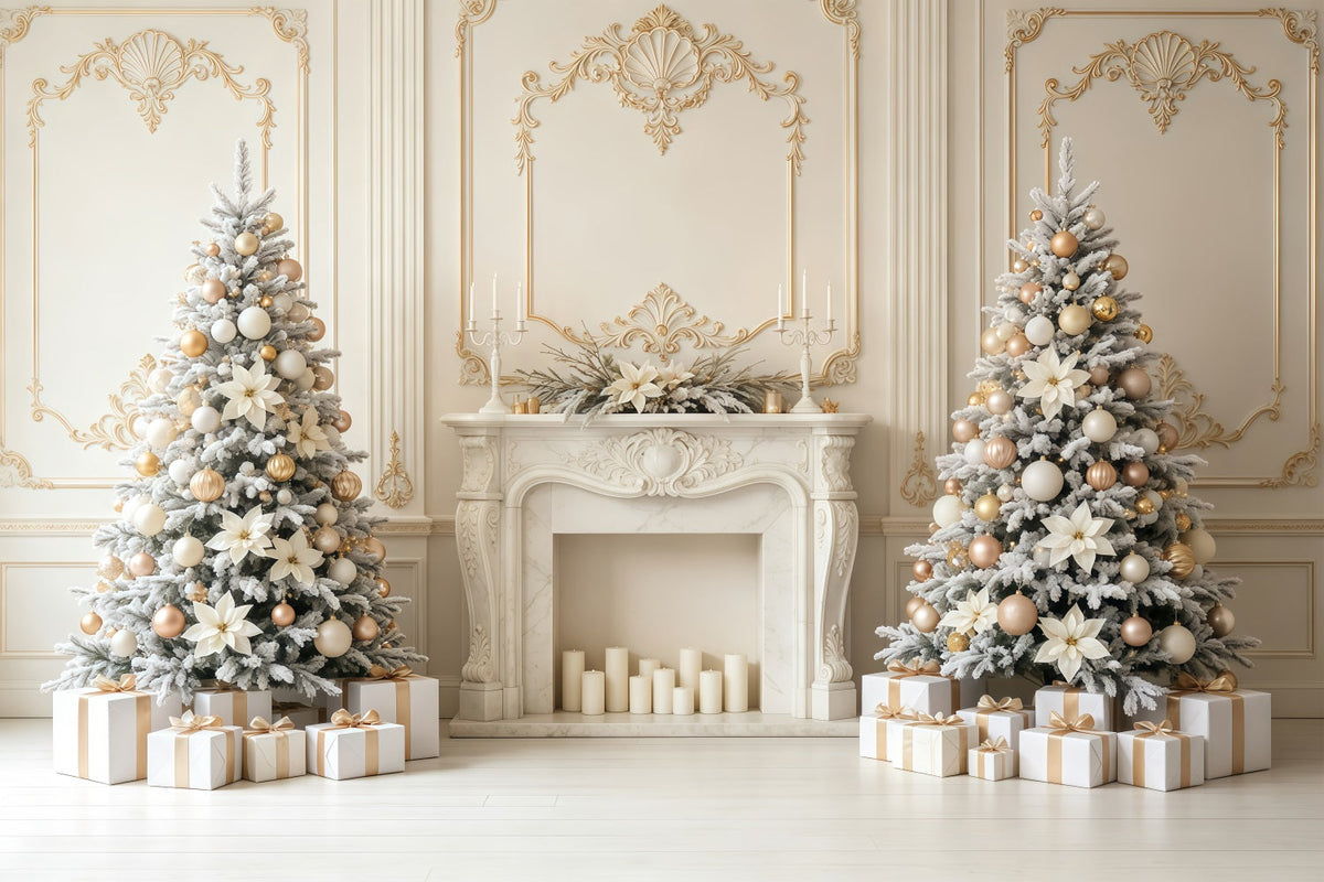Décor Mural De Noël Élégance De La Cheminée Ivoire Et Or Décor De Noël GQ68-78