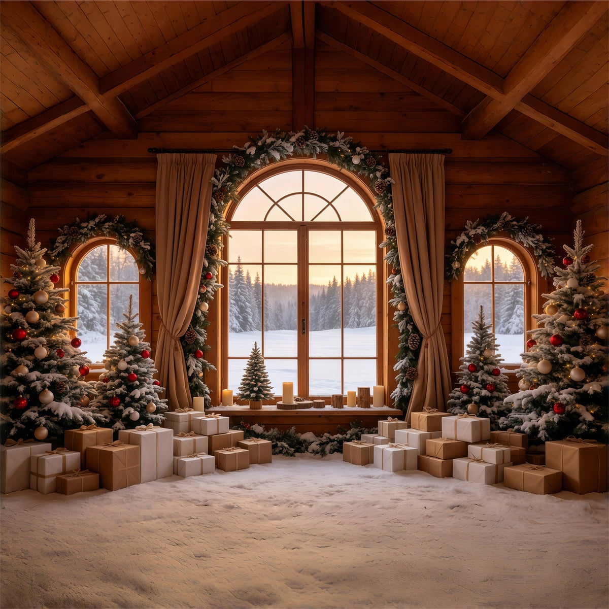 Décor De Cabane De Noël Vue Depuis La Fenêtre D'Une Maison Rustique Fond Photo De Noël GQ68-86