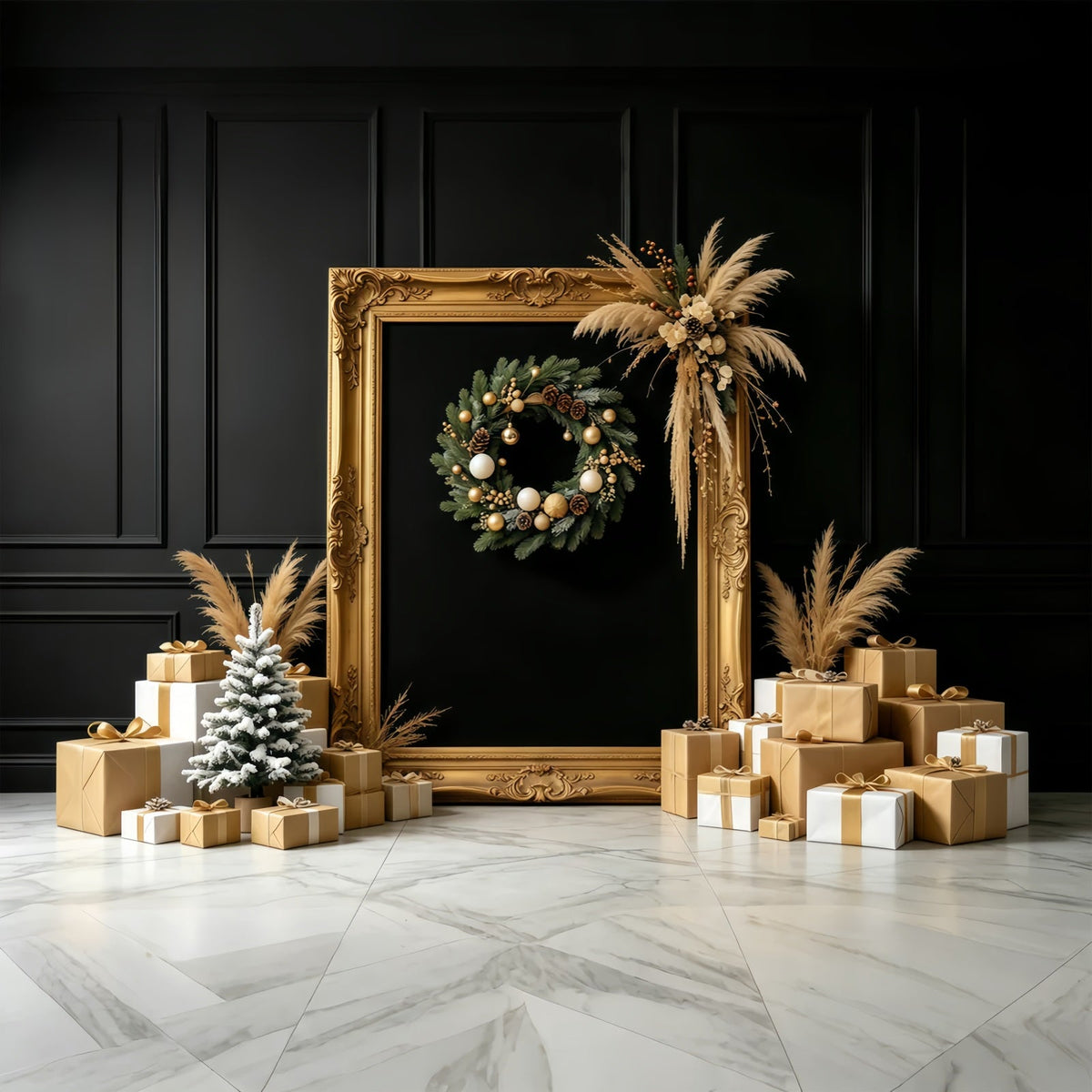 Fond De Noël Noir Et Or Présentoir À Cadeaux En Cadre Doré Grandes Toiles De Fond De Noël GQ68-87