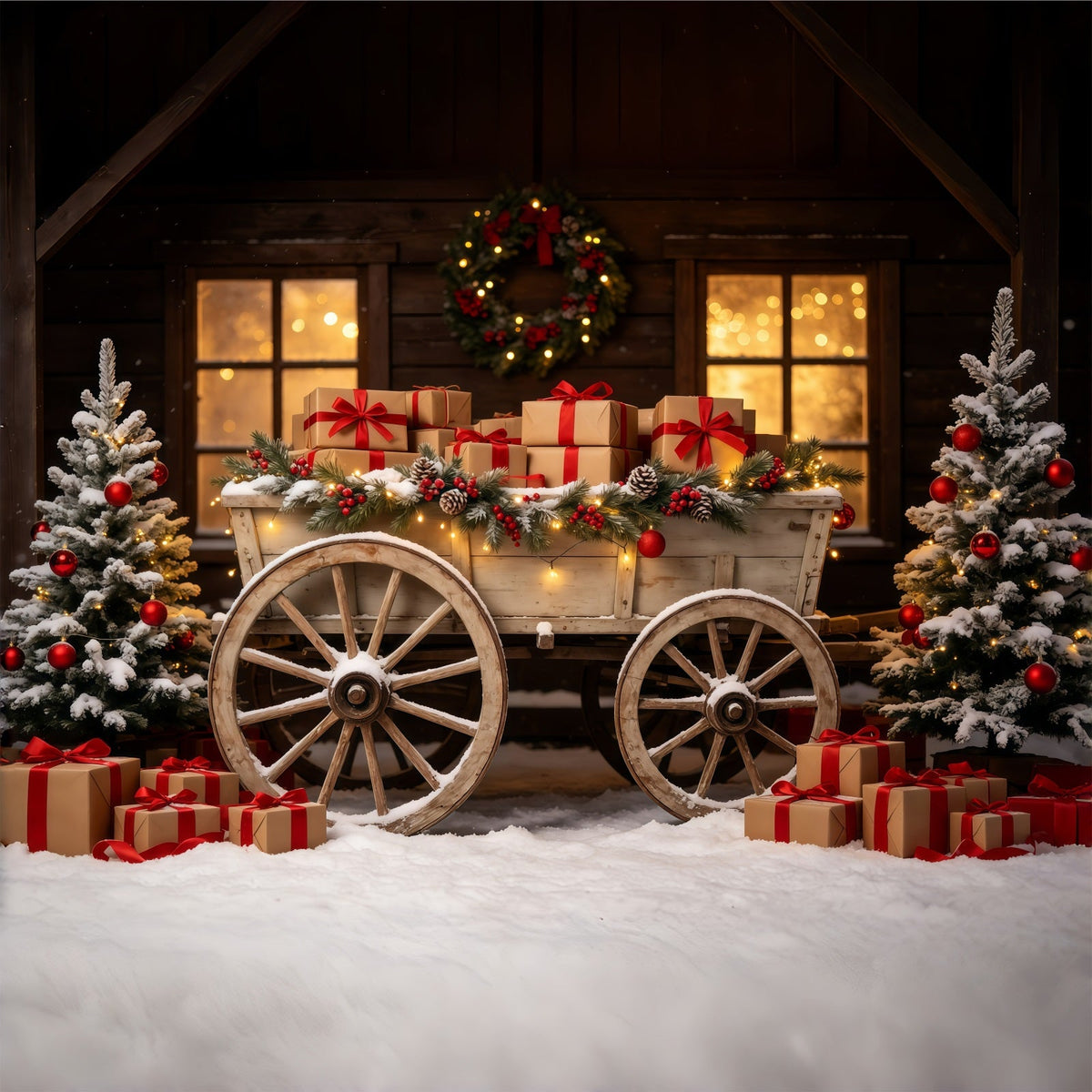 Décor De Noël Extérieur Présentoir À Cadeaux En Chariot Rustique Décor Photographique De Noël GQ68-92