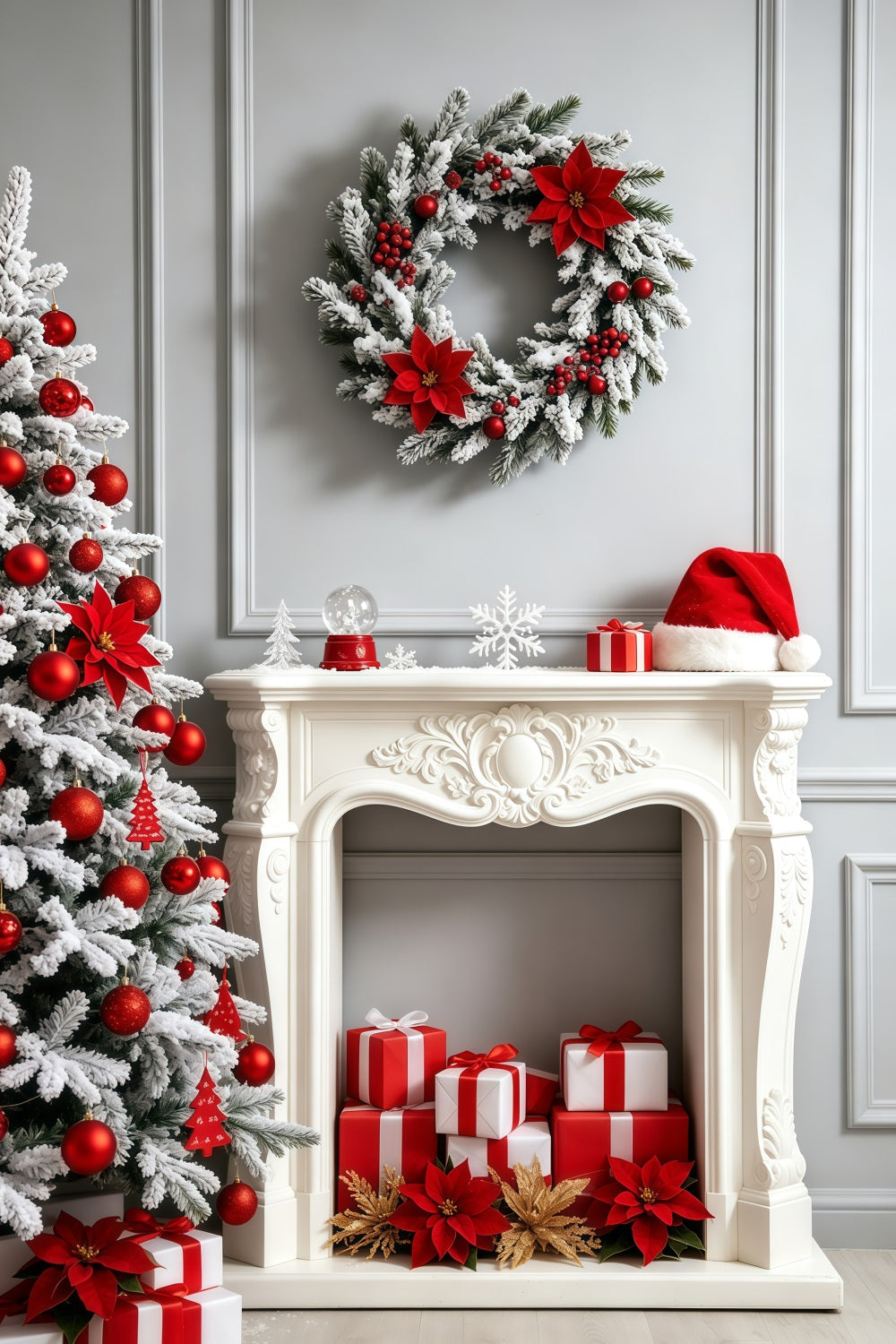 Décor De Cheminée Pour Noël Décoration De Cheminée En Poinsettia Blanc Fond Photo De Noël GQ69-27