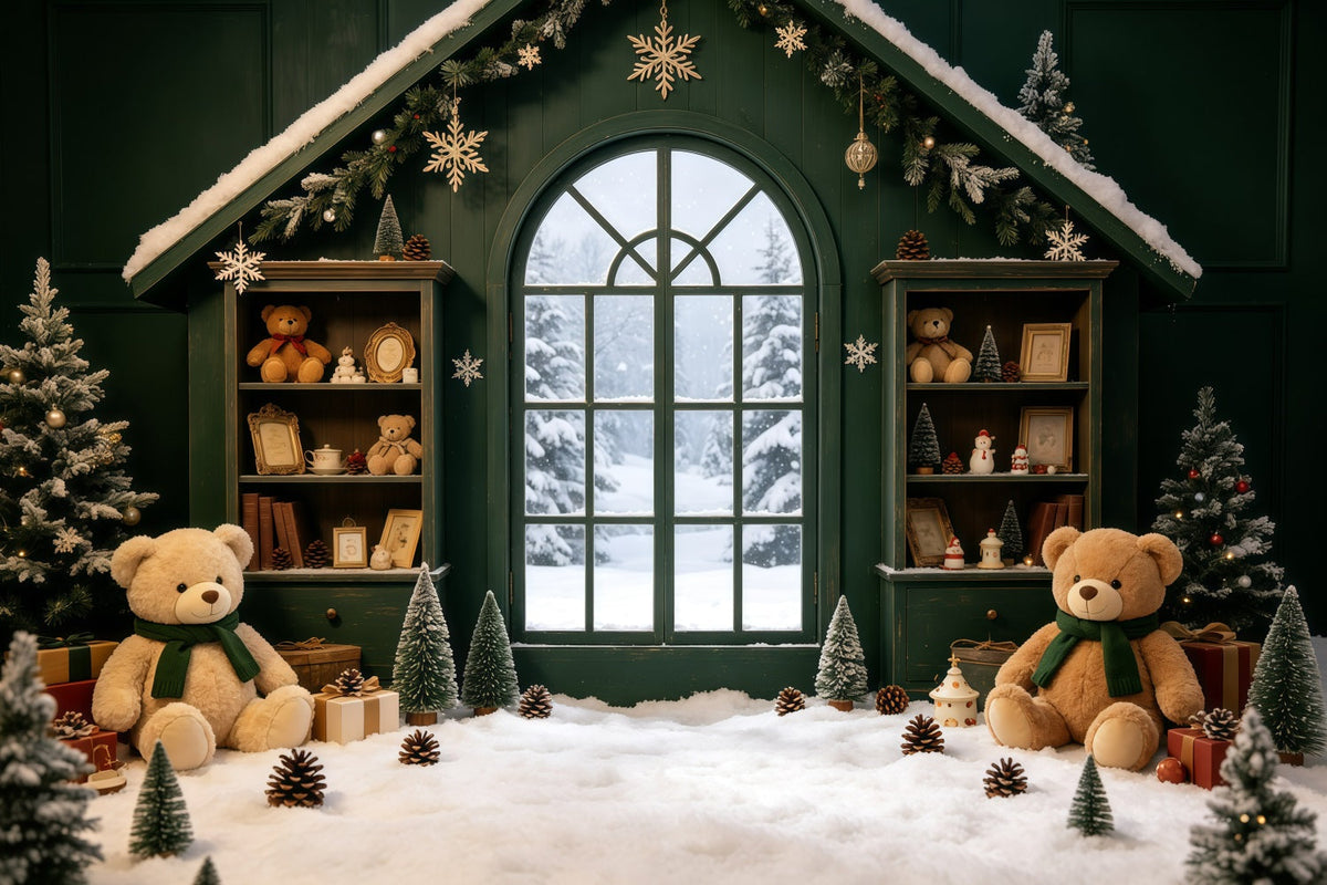 Décor De Noël Chaleureux Fenêtre Teddy De La Cabine Verte Fond En Mousseline De Noël GQ69-8