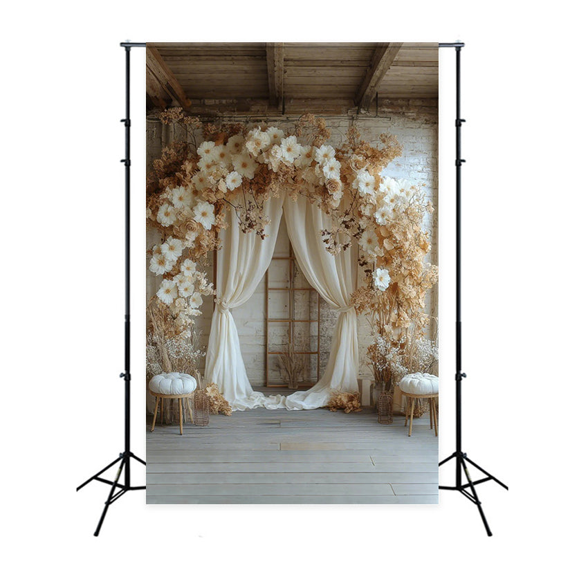 Toile de fond Maternité Arche Drapée Fleurs Crème GTY2-25