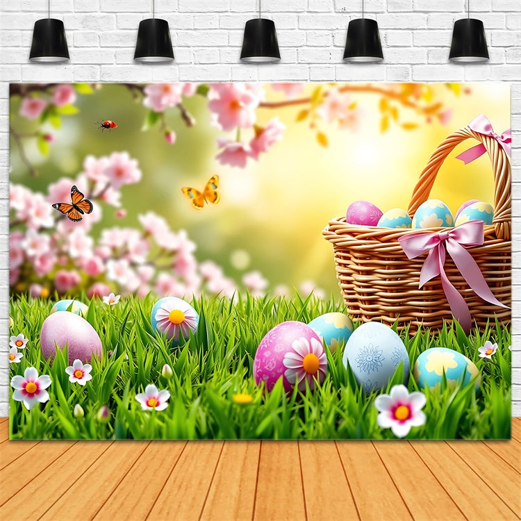 Toile de fond Pâques Prairie Papillons Panier d'Œufs GTY3-237