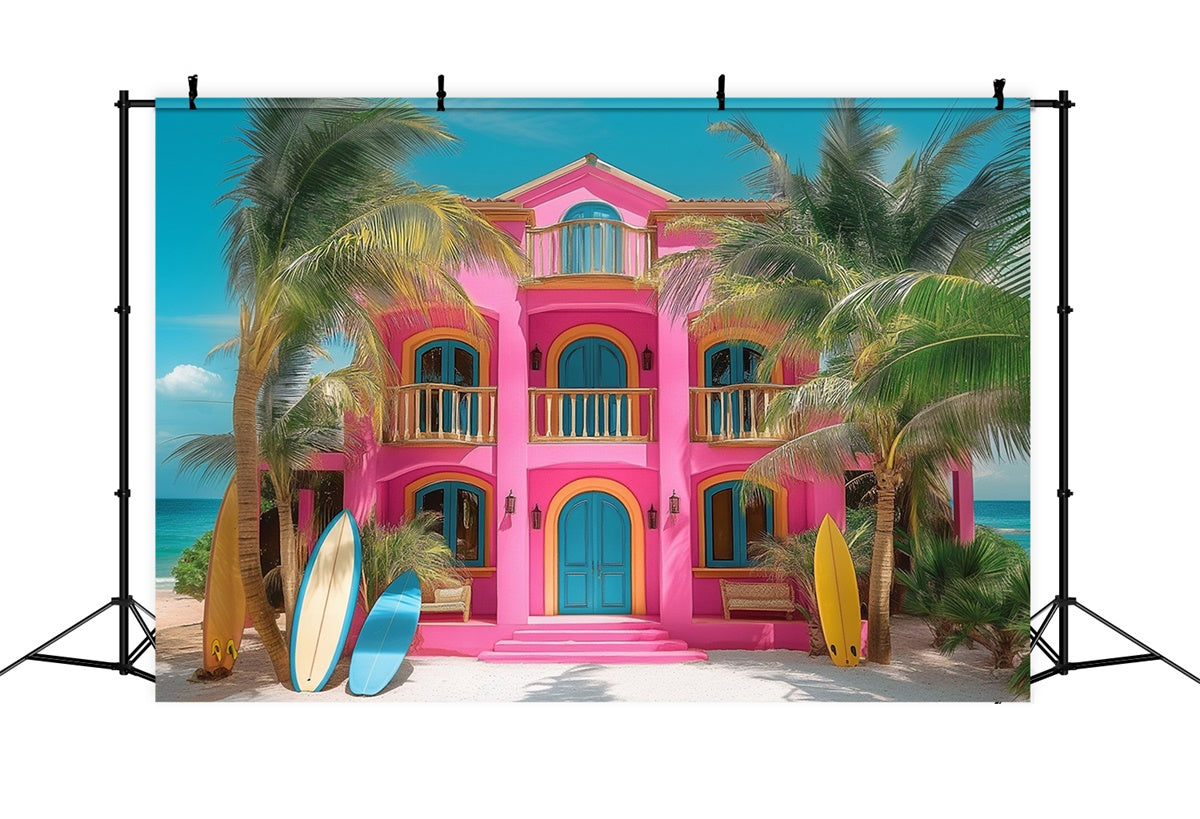 Toile de fond Été Maison de Plage Rose Palmier GTY3-283