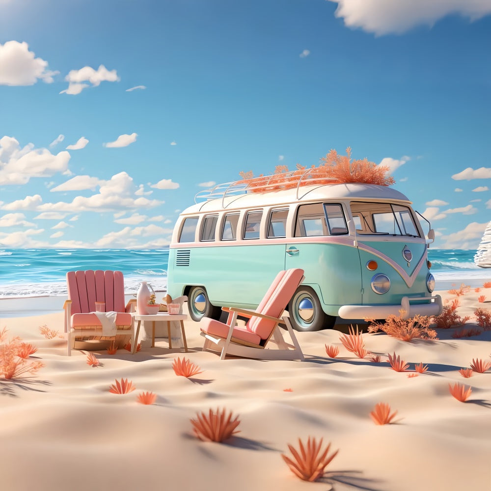 Toile de fond de Plage Été Rétro Camping-Voiture Océan GTY3-286