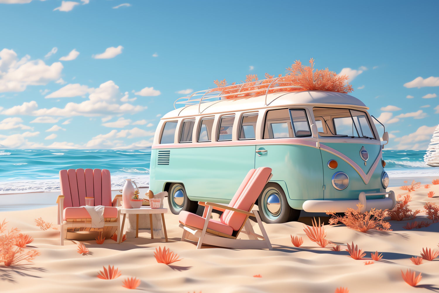 Toile de fond de Plage Été Rétro Camping-Voiture Océan GTY3-286
