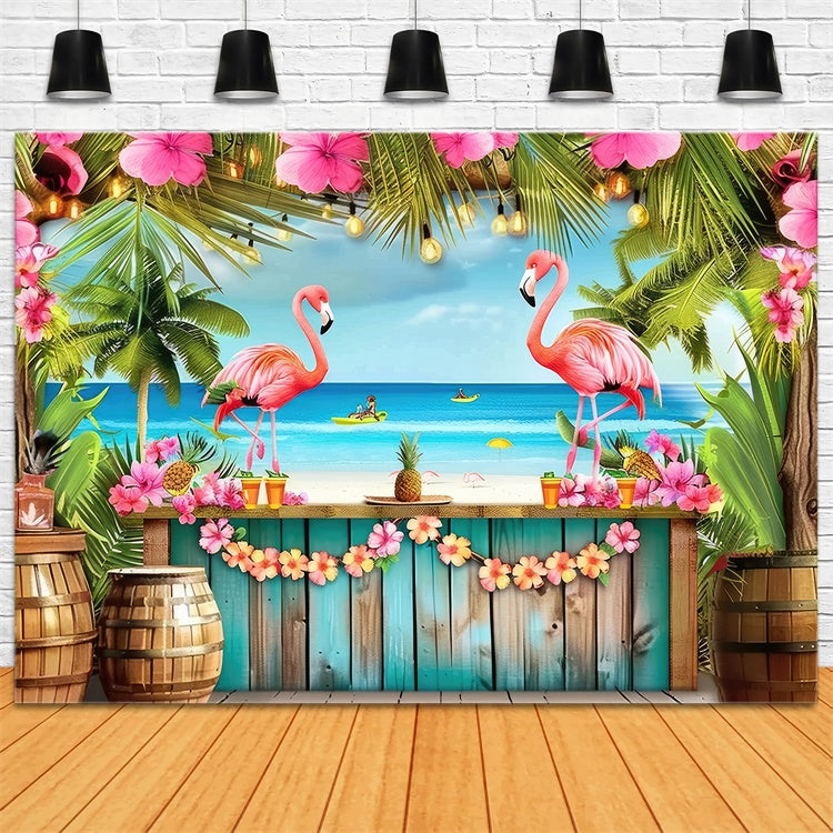 Toile de fond Été Flamant Rose Palmier Fleurs Tropicales GTY3-287
