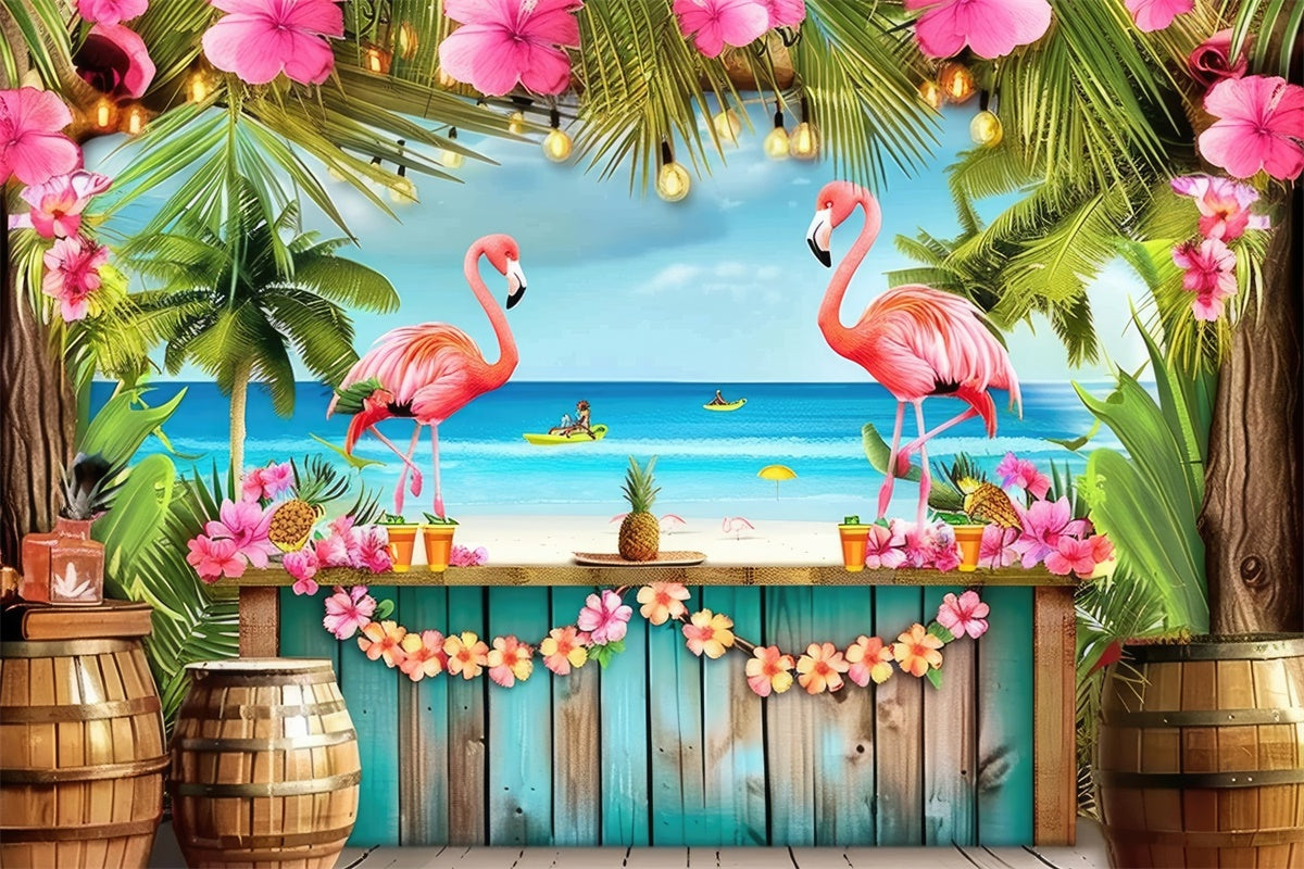 Toile de fond Été Flamant Rose Palmier Fleurs Tropicales GTY3-287
