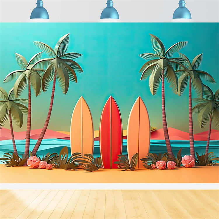 Toile de fond de Plage Été Planches de Surf Colorées Coucher de Soleil GTY3-292
