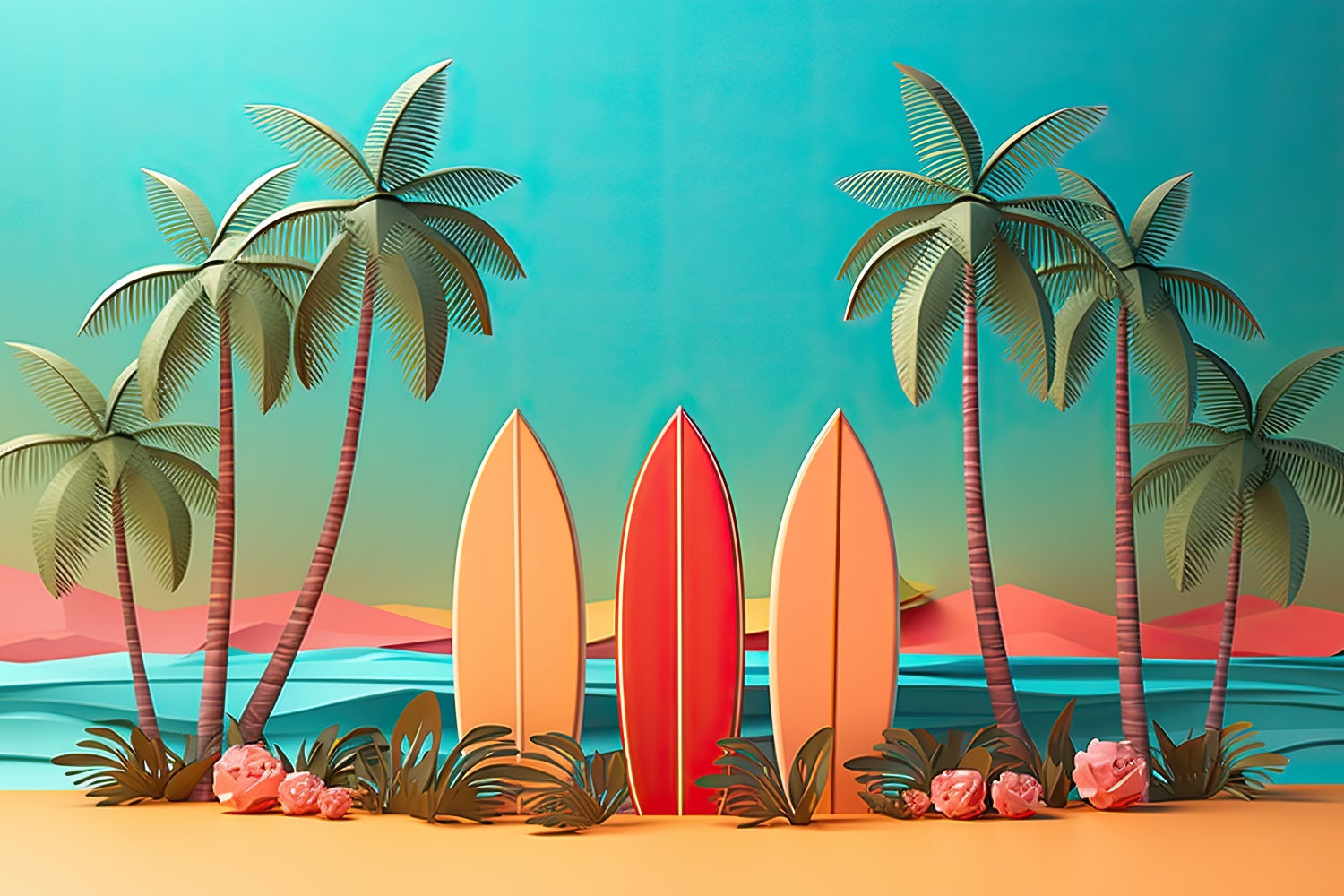 Toile de fond de Plage Été Planches de Surf Colorées Coucher de Soleil GTY3-292