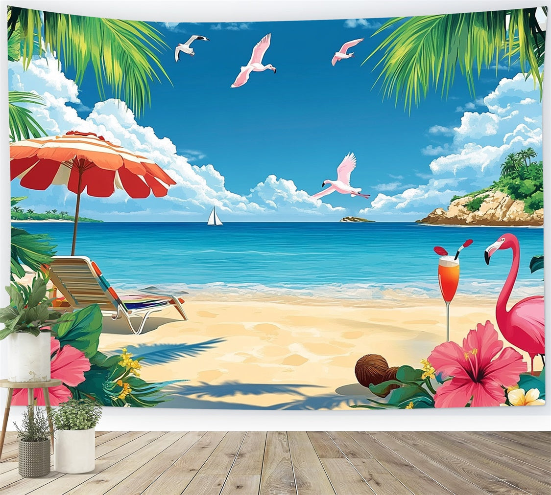 Toile de fond de Plage Été Flamants Roses Île Tropicale GTY3-304