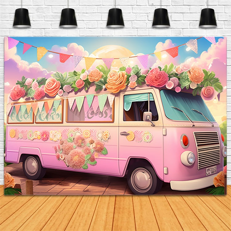 Toile de fond Été Van Floral Rose Fête d'Été GTY3-376