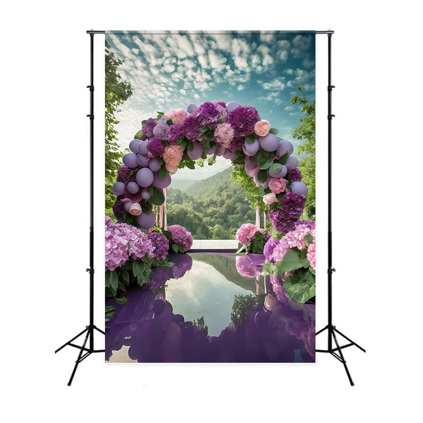 Toile de fond Fleurs Violettes Arche Romantique Hortensias Ballons GTY3-38