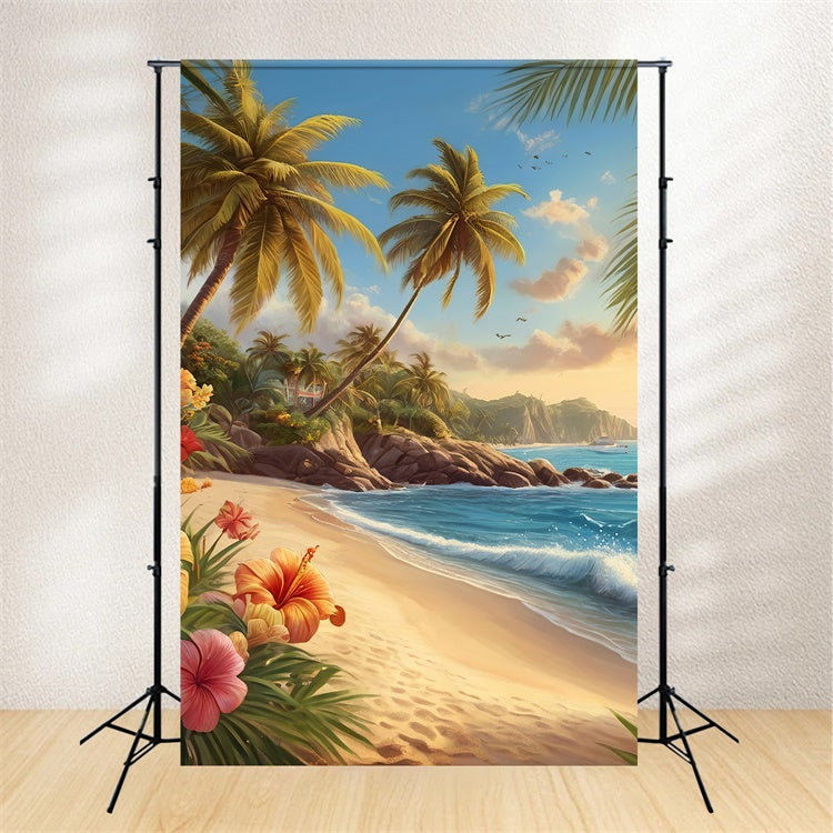 Toile de fond de Plage Été Palmier Fleurs Côtières GTY3-386
