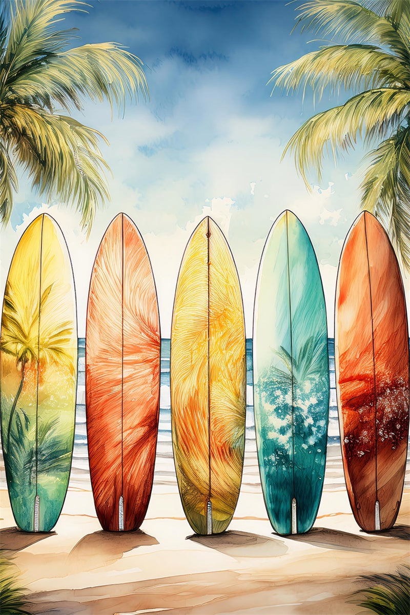Toile de fond Été Planches de Surf Colorées Palmier Ciel GTY3-390