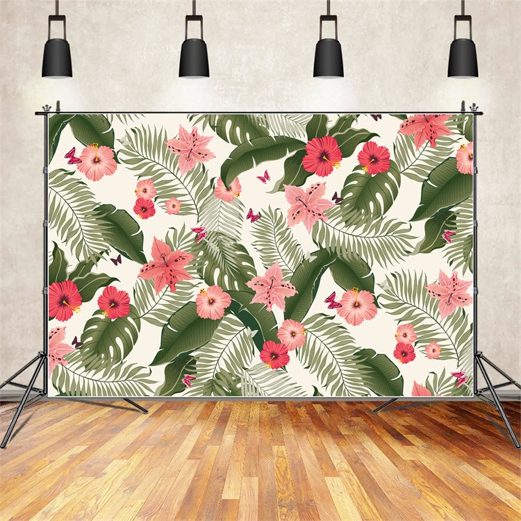 Toile de fond Été Feuilles Tropicales Fleurs Roses GTY3-393
