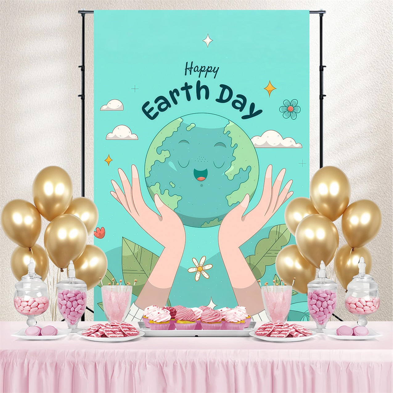 Toile de fond Joyeuse Journée de la Terre Mignon Terre Souriante avec Mains GTY3-64