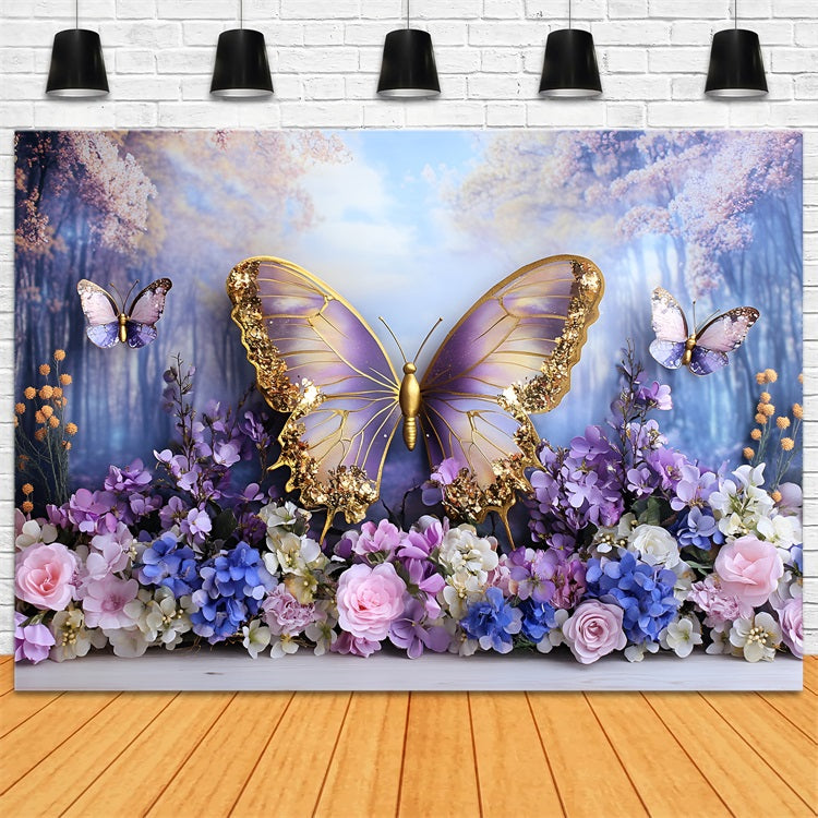 Toile de fond Printemps Féerie Papillons Or Violet LXX1-106