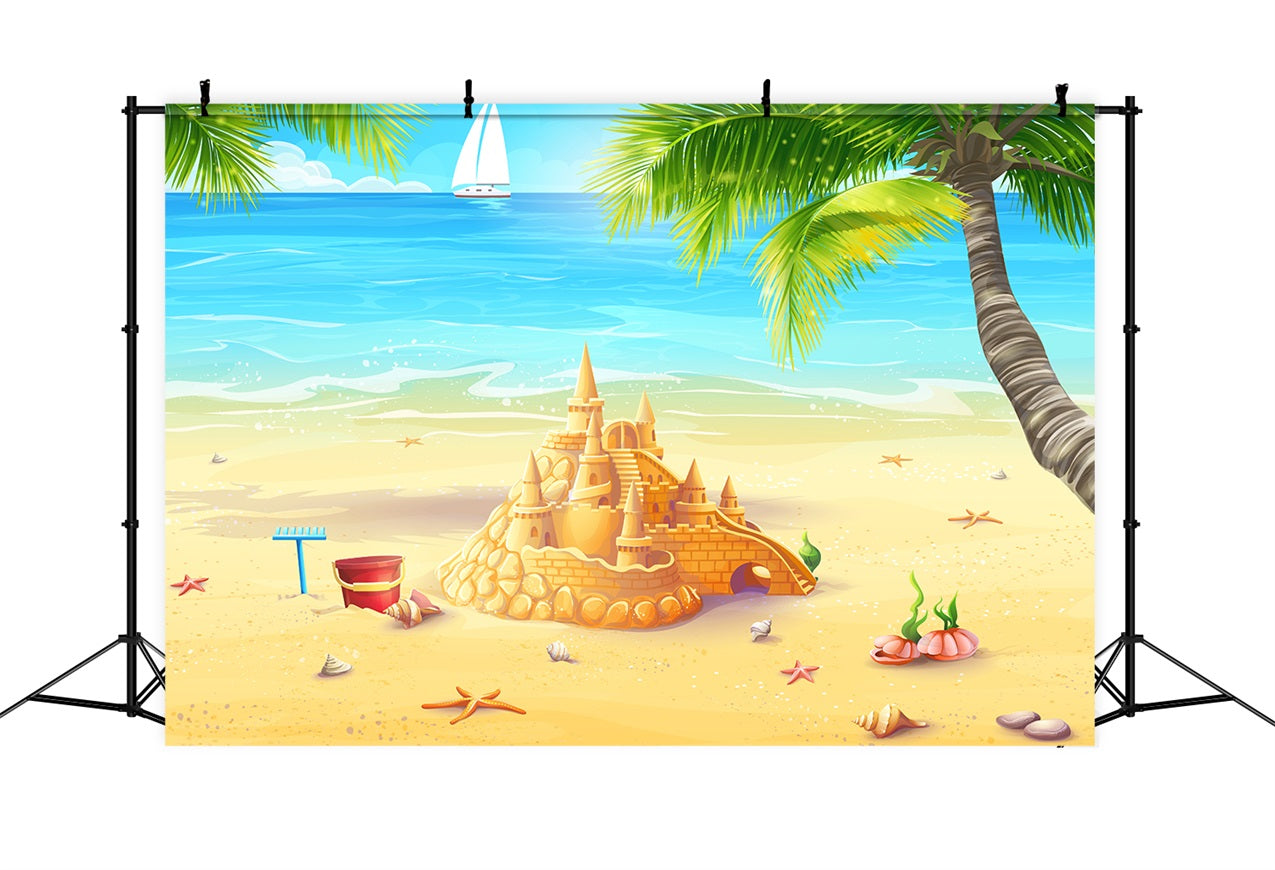 Toile de fond Océan Ciel Château de Sable Doré Plage Ensoleillée LXX1-309