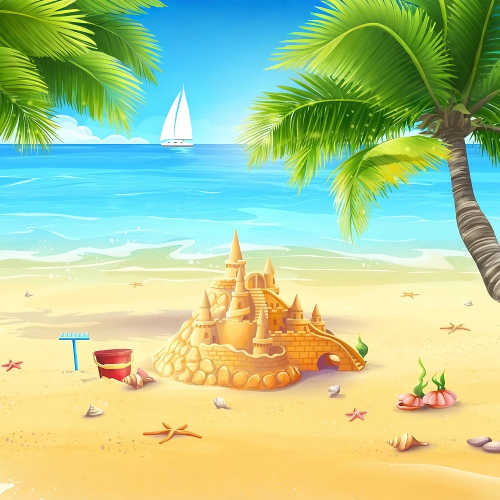 Toile de fond Océan Ciel Château de Sable Doré Plage Ensoleillée LXX1-309