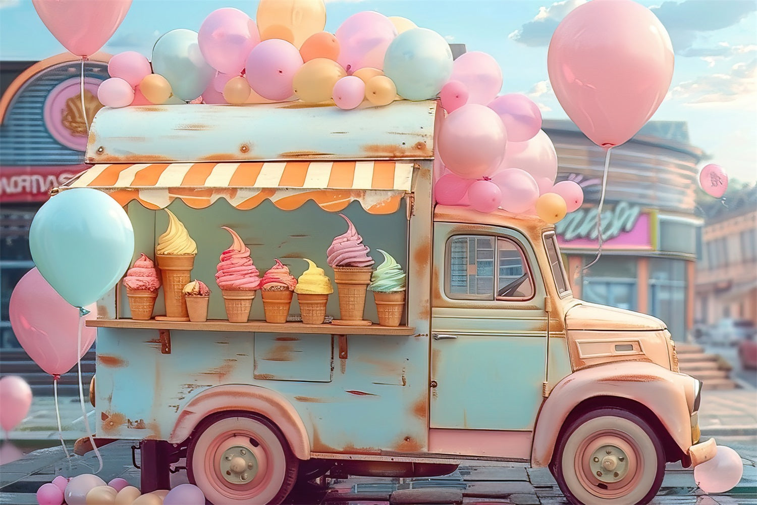 Toile de fond Nuage Camion de Glaces Ballons LXX1-339